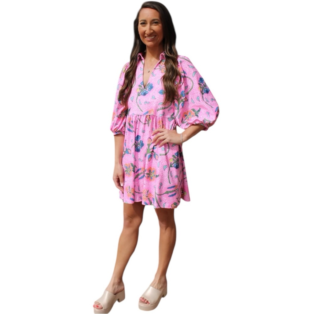 Smith & Quinn Charlotte Pink Floral Mini Dress Puff Sleeves V-Neck Size Medium